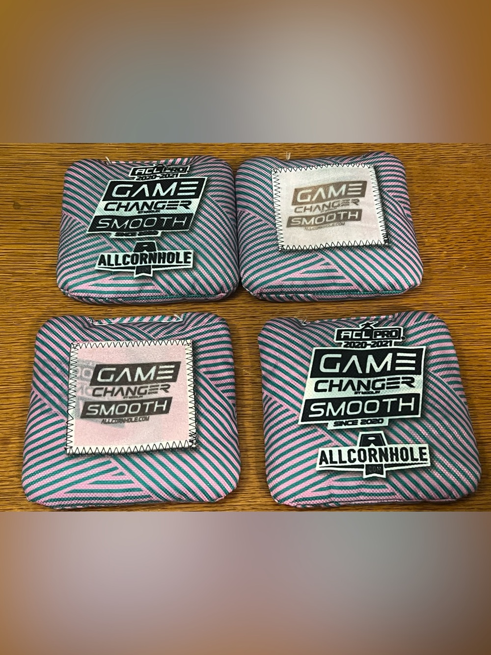 Game Changer Smooth Cornhole Bags in Pink & Teal Stripe